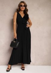 Czarna Koktajlowa Sukienka Plisowana z Kwiatową Broszką Paskiem i Gumką w Talii Viknna. Czarne sukienki Renee, na imprezę, l, bez wzorów, z materiału, eleganckie, bez kołnierzyka, bez ramiączek, maxi, plisowane. Za 69.99 zł.