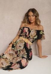 Czarna Sukienka Hiszpanka z Kwiatowym Wzorem i Plecionym Paskiem Sadeene. Czarne sukienki Renee, na co dzień, na lato, m, bez wzorów, eleganckie, bez kołnierzyka, bez ramiączek, midi. Za 89.99 zł.