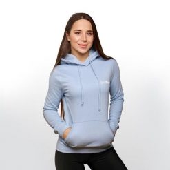 Bluza damska fitness z kapturem niebieska PRO Hoodie. Niebieskie bluzy GYMBEAM, l, bez wzorów, z bawełny, z kapturem. Za 88.90 zł.