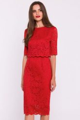 Elegancka ołówkowa podwójna sukienka koronkowa czerwona. Czerwone sukienki Stylove, s, bez wzorów, z koronki, eleganckie, bez kołnierzyka, bez ramiączek, ołówkowe. Za 419.00 zł.