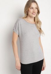 Szara Bluzka z Dzianiny Zdobiona Cyrkoniami Feninea. Szare bluzki Born2be, l, z aplikacjami, z dzianiny, biznesowe, bez kołnierzyka, bez ramiączek. Za 49.99 zł.