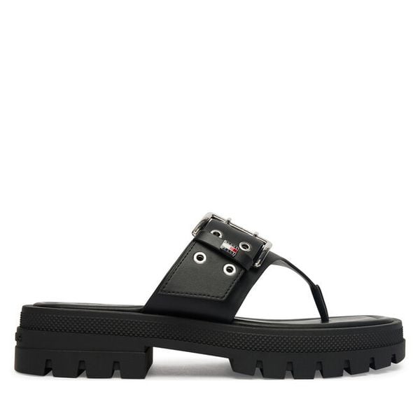 Japonki Tommy Jeans. Czarne klapki Tommy Jeans, bez wzorów, z jeansu, bez obcasa. Za 239.99 zł.