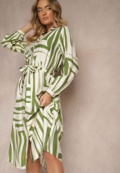 Zielona Sukienka z Wiskozą o Koszulowym Kroju w Geometryczny Print Ninatria. Zielone sukienki Renee, na co dzień, l, bez wzorów, z wiskozy, eleganckie, bez kołnierzyka, bez ramiączek, midi, koszulowe. Za 109.99 zł.