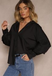 Czarna Koszula z Bawełną i Szerokimi Rękawami Edioniela. Czarne koszule Renee, m, bez wzorów, z bawełny, eleganckie, bez kołnierzyka, bez ramiączek. Za 69.99 zł.