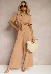 Ciemnobeżowy Dwuczęściowy Komplet Koszula z Krótkim Rękawem i Guzikami Spodnie z Gumką w Talii Zinesaa. Brązowe koszule Renee, xl, bez wzorów, eleganckie, bez kołnierzyka, bez ramiączek. Za 89.99 zł.