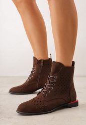 Brązowe Botki Trzewiki VICES z Ażurową Cholewką Bissen. Brązowe botki Born2be, z aplikacjami, z dzianiny, bez obcasa, na płaskiej podeszwie, bez zapięcia. Za 129.99 zł.