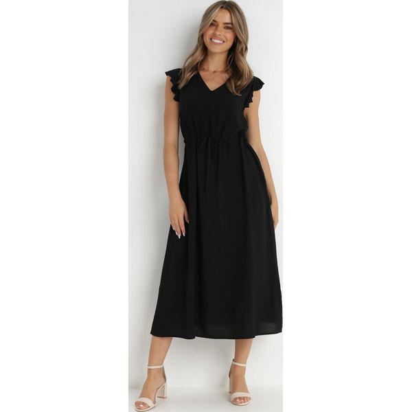 Czarna Sukienka z Wiskozy Yorgebius. Czarne sukienki Born2be, na imprezę, na lato, m, z aplikacjami, z materiału, klasyczne, bez kołnierzyka, bez ramiączek, midi, rozkloszowane. Za 69.99 zł.