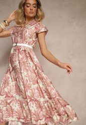 Ciemnoróżowa Rozkloszowana Sukienka z Wiskozą Zdobiona Roślinnym Printem Galmoi. Czerwone sukienki Renee, na imprezę, na lato, l, z aplikacjami, z wiskozy, eleganckie, bez kołnierzyka, bez ramiączek, midi, rozkloszowane. Za 74.99 zł.