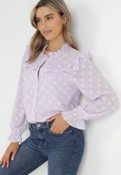 Fioletowa Koszula z Falbankami i Powlekanymi Guzikami Jaydalynn. Fioletowe koszule Born2be, l, bez wzorów, z tkaniny, bez kołnierzyka, bez ramiączek. Za 139.99 zł.