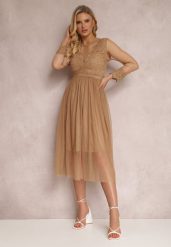 Ciemnobeżowa Sukienka Lylah. Brązowe sukienki Renee, na studniówkę, l, z aplikacjami, z tiulu, eleganckie, bez kołnierzyka, bez ramiączek, midi, rozkloszowane. Za 109.99 zł.