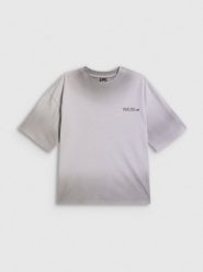 4F T-shirt loose z nadrukiem damski - szary S. Szare t-shirty 4f, s, bez wzorów, z bawełny, bez kołnierzyka, bez ramiączek. Za 79.99 zł.