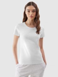 4F T-shirt slim z nadrukiem damski - biały S. Białe t-shirty 4f, s, bez wzorów, z bawełny, bez kołnierzyka, bez ramiączek. W wyprzedaży za 39.99 zł.