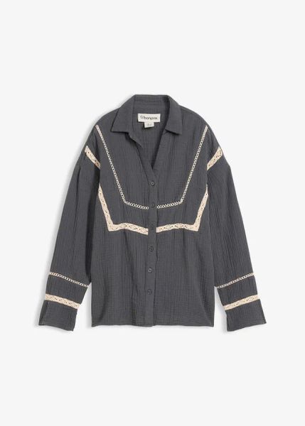 Bluzka z muślinu z koronkowymi wstawkami. Żółte bluzki bonprix, bez wzorów, z koronki, bez kołnierzyka, bez ramiączek. Za 44.99 zł.