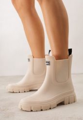 Beżowe Kalosze Typu Sztyblety z Antypoślizgową Podeszwą Volenne. Brązowe kalosze Renee, bez wzorów, z jeansu. Za 79.99 zł.