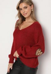 Bordowy Sweter z Wełną i Ozdobnymi Naszywkami na Łokciach Norethra. Czerwone swetry Born2be, na zimę, uniwersalny, z aplikacjami, z jeansu, bez ramiączek. Za 129.99 zł.