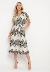 Beżowo-Czarna Taliowana Sukienka Boho z Wiskozą Wiązana w Talii Paskiem Losofia. Brązowe sukienki Born2be, na co dzień, na lato, l, z aplikacjami, z wiskozy, boho, bez kołnierzyka, bez ramiączek, midi. Za 109.99 zł.