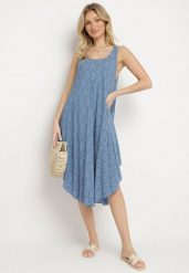 Niebieska Rozkloszowana Sukienka z Bawełny w Abstrakcyjny Wzór Ronive. Niebieskie sukienki Born2be, na co dzień, l, bez wzorów, z bawełny, eleganckie, bez kołnierzyka, bez ramiączek, midi, rozkloszowane. Za 39.99 zł.