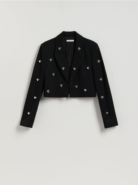 Marynarka z aplikacjami - czarny. Czarne marynarki i żakiety Reserved, l, z aplikacjami, z dzianiny. W wyprzedaży za 129.99 zł.