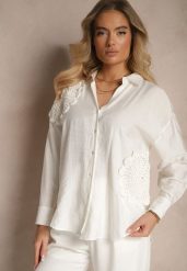 Biała Koszula Oversize z Lnu i Wiskozy Zdobiona Aplikacjami z Kwiatami Varreia. Białe koszule Renee, m, z aplikacjami, z jeansu, eleganckie, bez kołnierzyka, bez ramiączek. Za 74.99 zł.