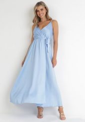 Jasnoniebieska Sukienka Maxi z Gumką w Pasie i Kopertowym Dekoltem Aloyse. Niebieskie sukienki Born2be, m, bez wzorów, eleganckie, bez kołnierzyka, bez ramiączek, maxi, kopertowe. Za 29.99 zł.