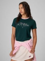 4F T-shirt regular z nadrukiem damski - zielony XL. Zielone koszulki sportowe 4f, bez wzorów, z bawełny, bez ramiączek, tenisowe. Za 59.99 zł.
