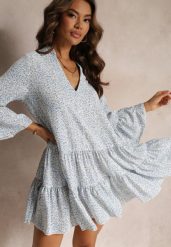Niebieska Rozkloszowana Sukienka Mini z Falbankami Durila. Niebieskie sukienki Renee, na co dzień, l, z aplikacjami, bez kołnierzyka, bez ramiączek, mini, rozkloszowane. Za 54.99 zł.