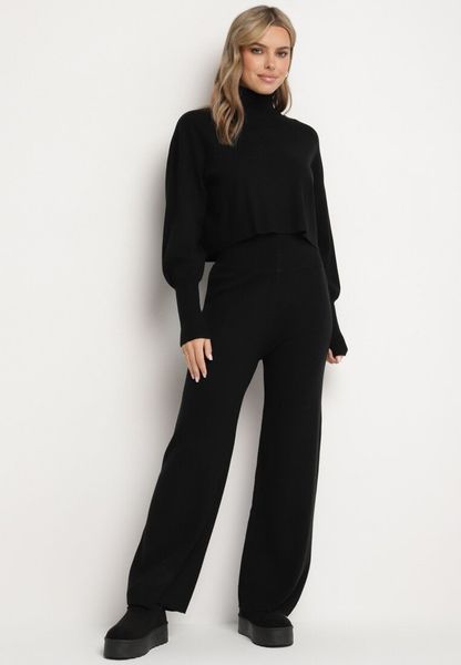 Czarny Komplet Dzianinowy z Wiskozą Bluza Golf ze Ściągaczami i Szerokie Spodnie Noridra. Czarne bluzy Born2be, bez wzorów, z dzianiny, bez kaptura. Za 199.99 zł.