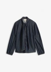 Bluzka jeansowa z bawełny organicznej. Niebieskie bluzki bonprix, bez wzorów, z bawełny, bez kołnierzyka, bez ramiączek. Za 149.99 zł.