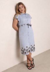 Niebieska Wiskozowa Sukienka Koszulowa Zdobiona Haftem i Wiązanym Paskiem Telonesa. Niebieskie sukienki Born2be, na co dzień, l, z aplikacjami, z materiału, bez kołnierzyka, plus size, bez ramiączek, midi, koszulowe. Za 129.99 zł.