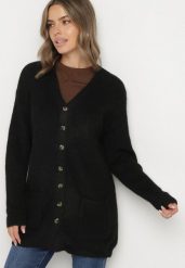 Czarny Kardigan z Domieszką Wełny ze Wsuwanymi Kieszeniami Esaiana. Czarne kardigany Born2be, plus size, bez wzorów, z dzianiny. Za 129.99 zł.