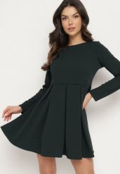 Ciemnozielona Elegancka Sukienka o Rozkloszowanym Kroju Temitonia. Zielone sukienki Born2be, m, bez wzorów, eleganckie, bez kołnierzyka, bez ramiączek, mini, rozkloszowane. Za 119.99 zł.