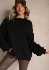 Czarny Klasyczny Sweter z Wełną i Wiskozą o Luźnym Kroju Omethea. Czarne swetry Renee, bez wzorów, z jeansu, bez ramiączek. Za 159.99 zł.