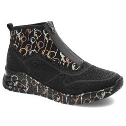 Czarne Botki Rieker Stylowe Obuwie Damskie. Czarne botki Rieker, bez wzorów, z materiału, bez obcasa, bez zapięcia. Za 279.00 zł.
