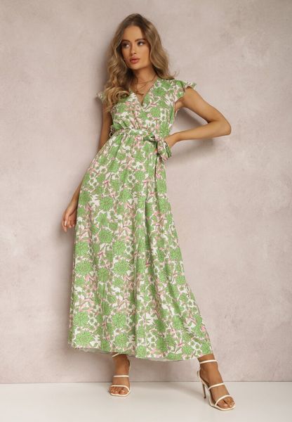 Jasnozielona Sukienka z Paskiem Helomeda. Zielone sukienki Renee, bez wzorów, z tkaniny, bez kołnierzyka, bez ramiączek, maxi, kopertowe. Za 139.99 zł.