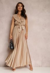 Beżowy Kombinezon Plisowany Hyrmane. Brązowe sukienki Renee, na imprezę, m, bez wzorów, eleganckie, bez kołnierzyka, bez ramiączek, maxi, plisowane. Za 144.99 zł.