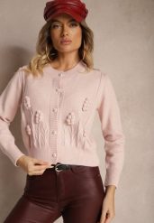 Różowy Wiskozowy Kardigan z Guzikami Perełkami Brokatem Tłoczeniem i Kuleczkami Harirani. Czerwone kardigany Renee, bez wzorów, z jeansu. Za 159.99 zł.