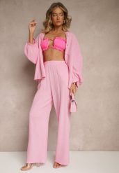 Różowy Bawełniany Komplet Muślinowy Oversize z Koszulą i Szerokimi Spodniami Ziorina. Czerwone koszule Renee, z aplikacjami, z bawełny, eleganckie, bez kołnierzyka, bez ramiączek. Za 159.99 zł.