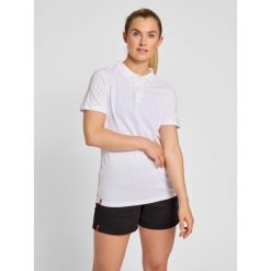 Damska koszulka polo Hummel Red Classic. Białe koszulki polo Hummel, xl, bez wzorów, z tkaniny, bez kołnierzyka, bez ramiączek. Za 141.00 zł.
