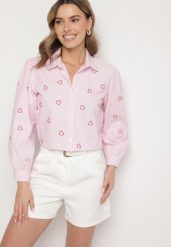 Różowa Bawełniana Koszula z Ozdobnym Haftem Doviene. Czerwone koszule Born2be, l, bez wzorów, z bawełny, eleganckie, bez kołnierzyka, bez ramiączek. Za 59.99 zł.