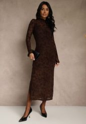 Brązowa Sukienka z Domieszką Wiskozy Ozdobiona Welurowym Nadrukiem Vetionne. Brązowe sukienki Renee, na co dzień, l, bez wzorów, z weluru, eleganckie, bez kołnierzyka, bez ramiączek, midi. Za 159.99 zł.