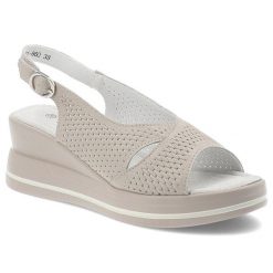 Sandały damskie S. Barski, skórzane wygodne na koturnie i zapinane sprzączką, beżowe, LR51-660. Brązowe sandały S.BARSKI, w ażurowe wzory, eleganckie, bez obcasa, na koturnie, bez zapięcia. Za 149.00 zł.