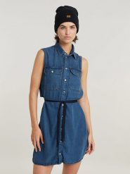 G-Star Sukienka dżinsowa w kolorze niebieskim rozmiar: XL. Niebieskie sukienki G-Star, xl, bez wzorów, retro, bez kołnierzyka, bez ramiączek, mini. Za 211.31 zł.