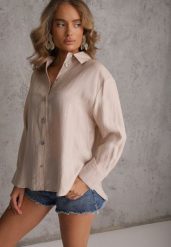 Beżowa Oversizowa Koszula z Wiskozą i Lnem z Guzikami o Różnej Wielkości Drenrya. Brązowe koszule Renee, l, bez wzorów, ze lnu, casualowe, bez kołnierzyka, bez ramiączek. Za 109.99 zł.