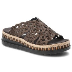 Klapki damskie Rieker, cholewka ze skóry ekologicznej ozdobne dżety fason na solidnej podeszwie, brązowe, V7992-24. Brązowe klapki Rieker, bez wzorów, ze skóry ekologicznej, bez obcasa, na koturnie. Za 319.00 zł.