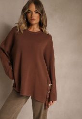 Brązowy Sweter z Wiskozą i Guzikami po Bokach Violsave. Brązowe swetry Renee, l, bez wzorów, z jeansu, bez ramiączek. Za 149.99 zł.