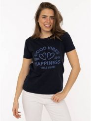 Zwillingsherz Koszulka "Happiness Vibes" w kolorze granatowym rozmiar: L. Niebieskie bluzki Zwillingsherz, l, bez wzorów, z bawełny, bez kołnierzyka, bez ramiączek. Za 100.28 zł.
