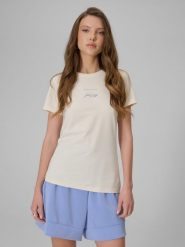 4F T-shirt slim z nadrukiem damski - beżowy XL. Brązowe t-shirty 4f, l, bez wzorów, z jeansu, bez kołnierzyka, bez ramiączek. Za 49.99 zł.