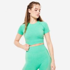 Koszulka fitness damska Domyos krótki rękaw. Czarne biustonosze DOMYOS, bez wzorów, z materiału. W wyprzedaży za 59.99 zł.