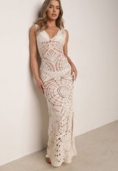 Beżowa Sukienka Plażowa z Bawełny Ozdobiona Szydełkowym Wzorem Delomare. Brązowe sukienki Born2be, na plażę, na lato, uniwersalny, bez wzorów, z bawełny, eleganckie, bez kołnierzyka, bez ramiączek, maxi. Za 199.99 zł.