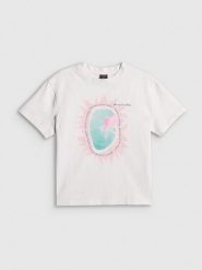 4F T-shirt loose z nadrukiem damski - biały XS. Białe t-shirty 4f, xs, bez wzorów, z bawełny, bez kołnierzyka, bez ramiączek. Za 69.99 zł.